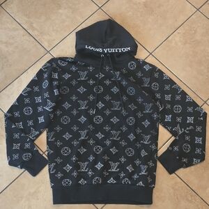 LV Black Logo Print Hoodie Sweatshirt Sz L Woman M Men
